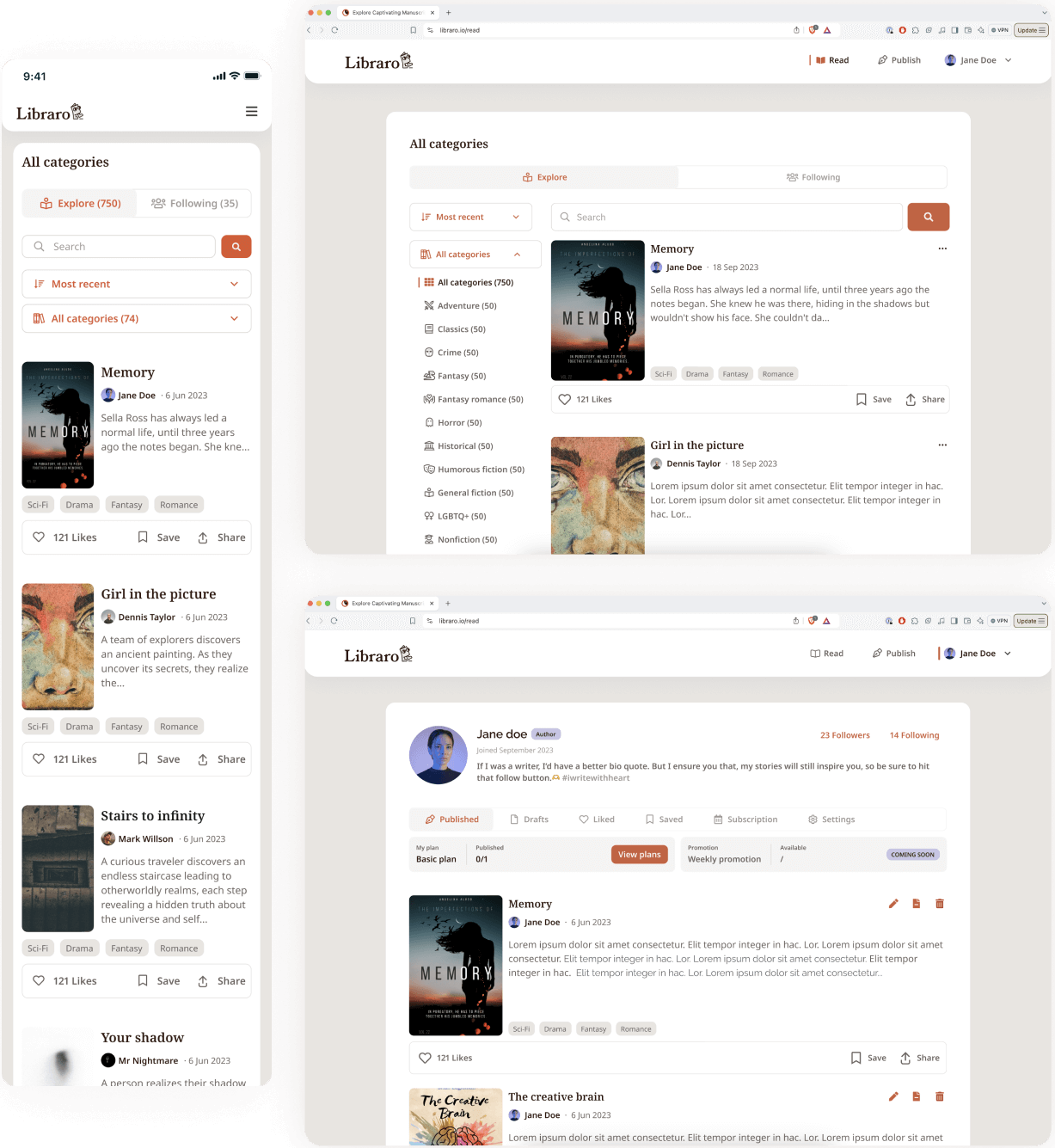 Libraro screens mobile