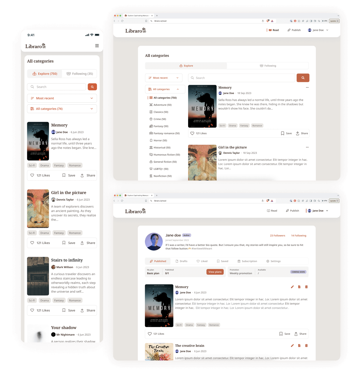 Libraro screens mobile
